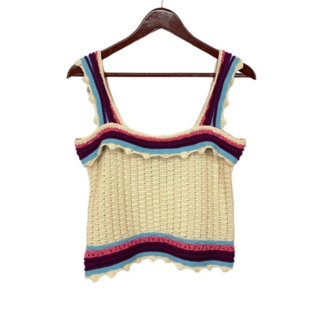 Andrew Marc New York Cream Crocheted Ruffle Stripe Boho Knit Tank Top New Nwt